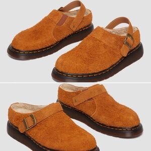 NEW Men DR MARTENS Isham faux shearling lined pecan brown suede slingback mules